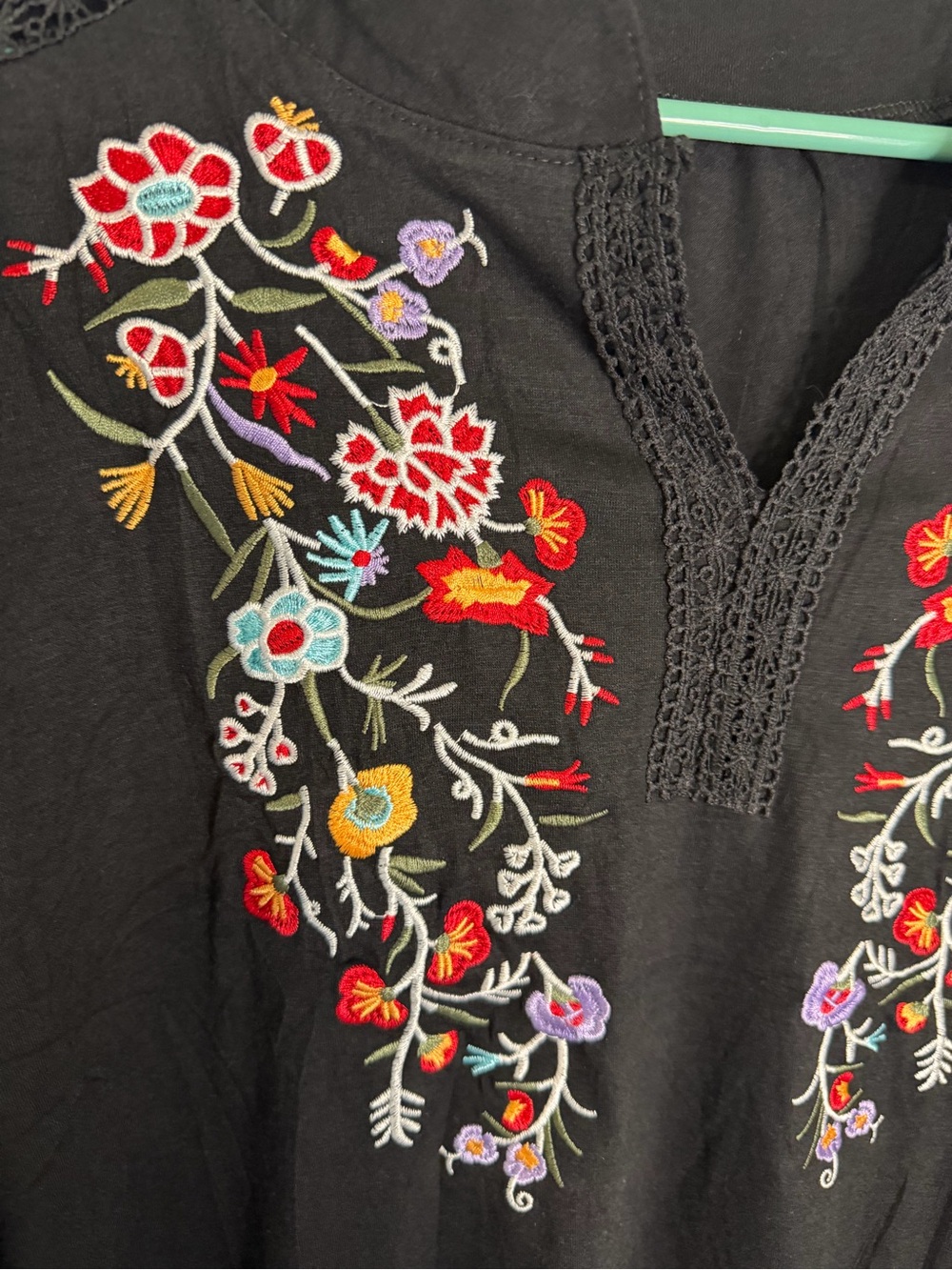 3/$20 Black Boho Floral Embroidered V-Neck Elbow Sleeve Shirt - Picture 4 of 5